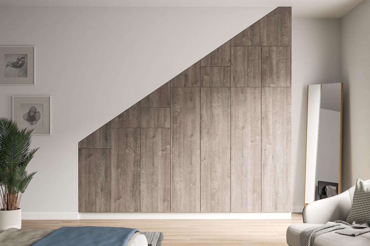 Maßgefertigter Einbauschrank unter Dachschräge Rustikaler, maßgefertigter Schrank in Holzoptik passt sich perfekt der Dachschräge an, optimale Raumnutzung.